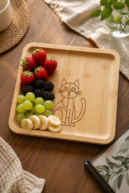 Classic Minimal Kedi Desenli Kare Bambu Meyve ve Sunum Tabağı - 20x20