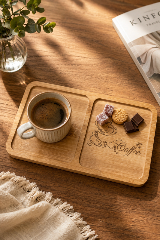 Love Coffee Bambu Kahve Sunumluğu – Kalp ve Kahve Temalı Lazer İşlemeli Sunum Tabağı