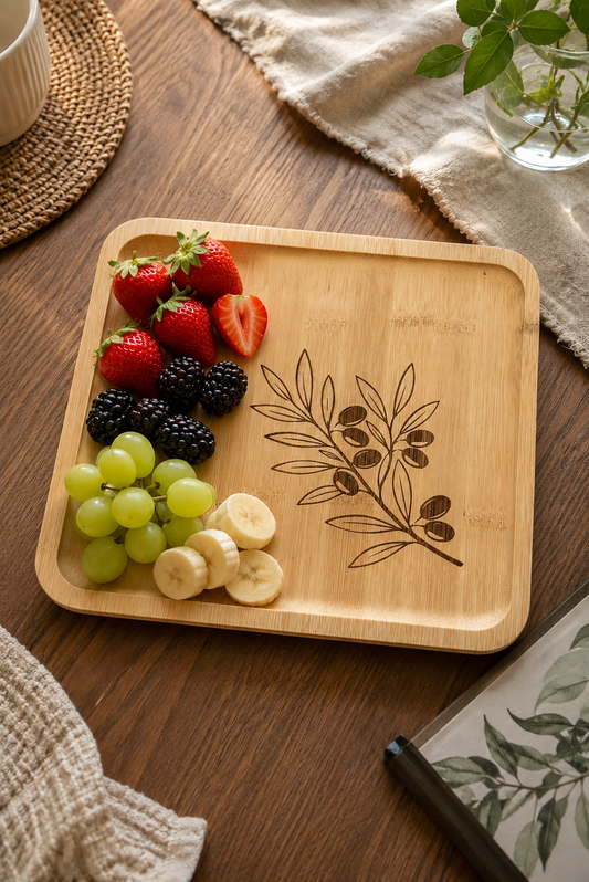 Zeytin Dalı Desenli Kare Bambu Meyve ve Sunum Tabağı