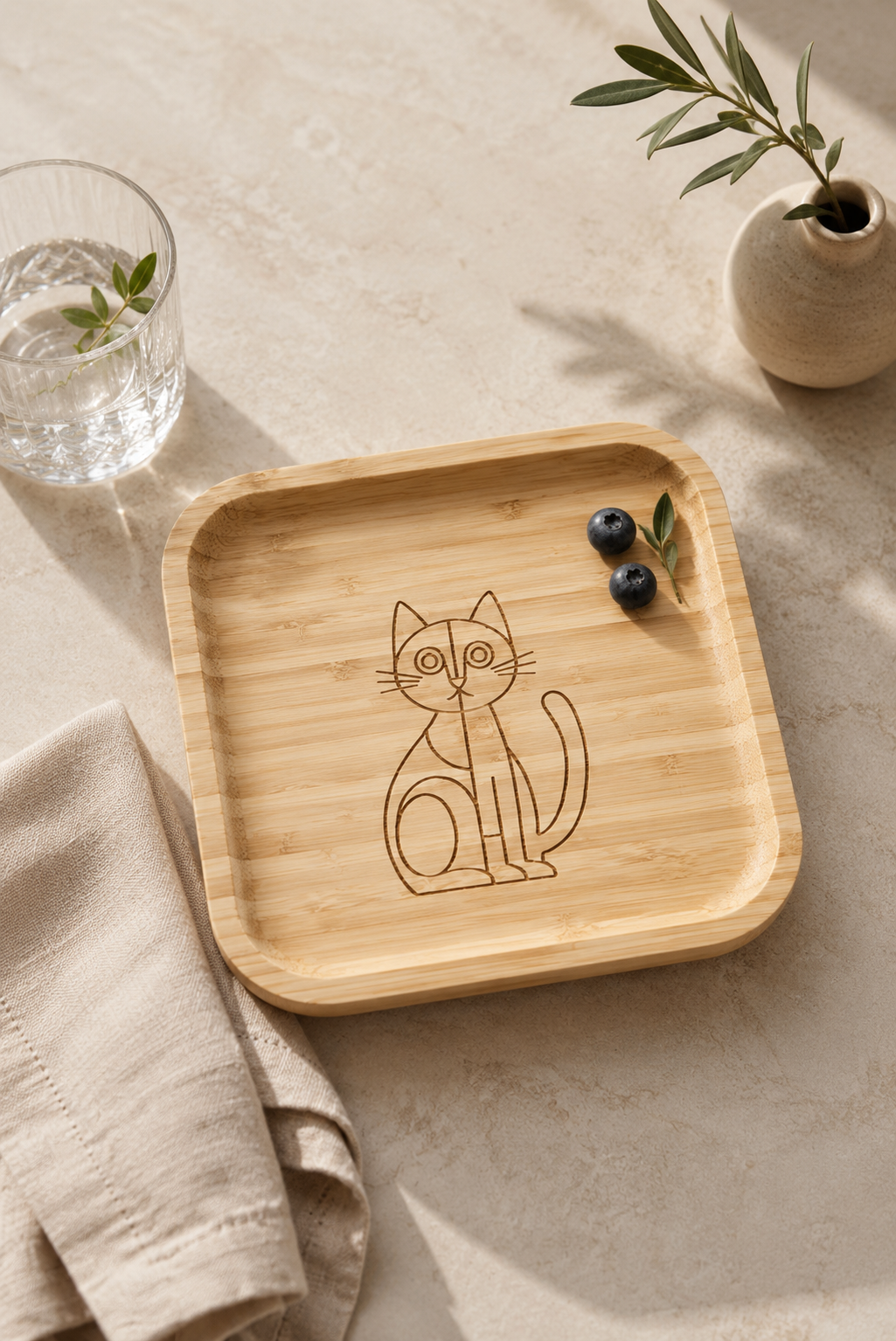Signature Kedi Desenli Kare Bambu Meyve ve Sunum Tabağı