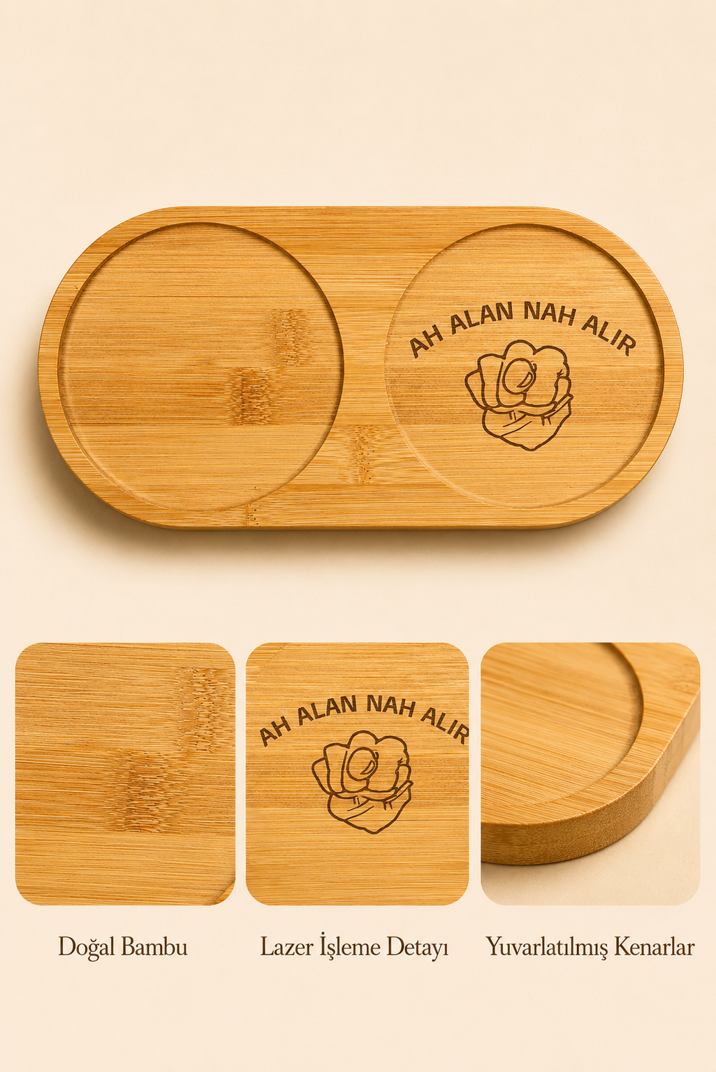 "Ah Alan Nah Alır" Yazılı Bambu Kahve Sunumluğu