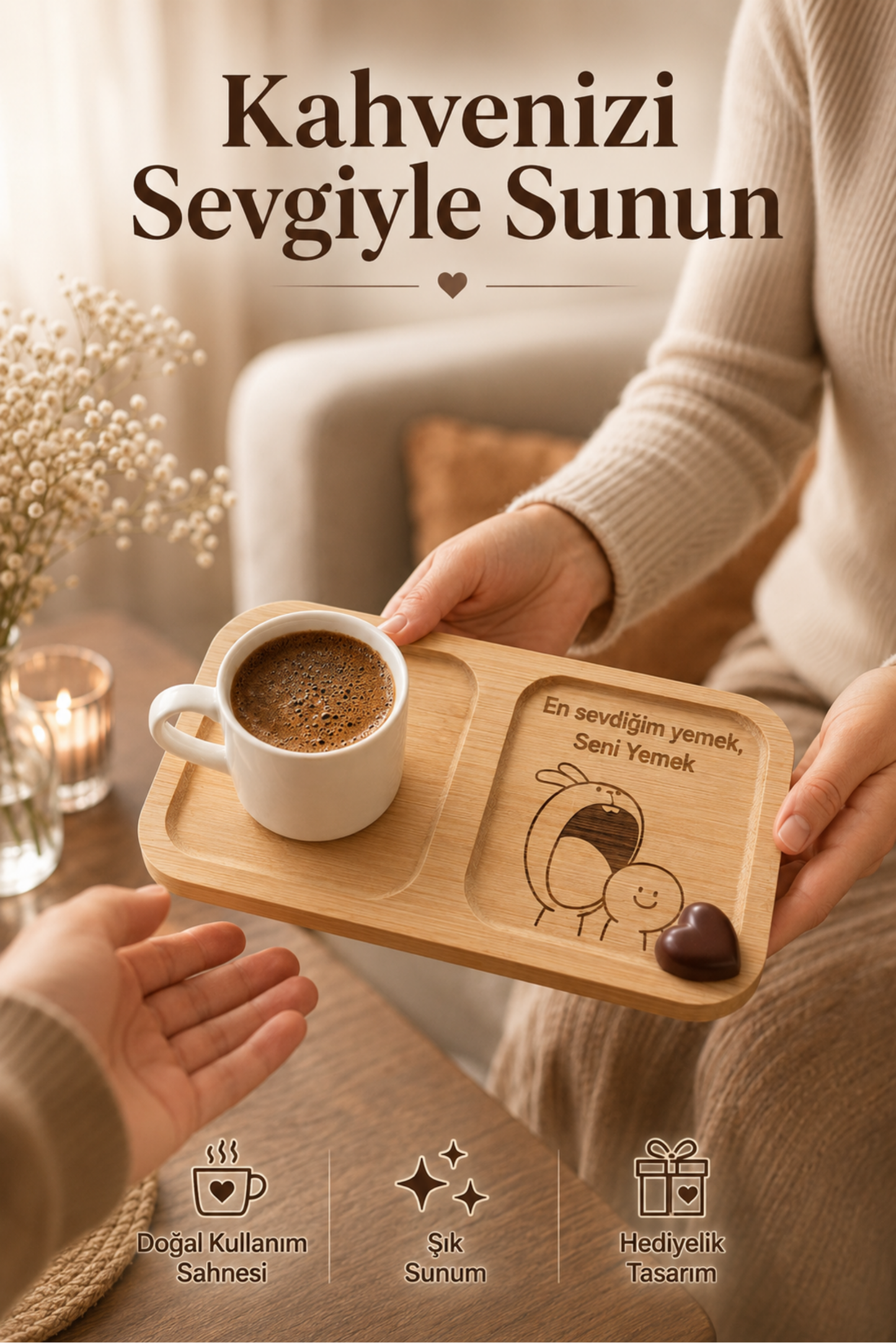 "En Sevdiğim Yemek Seni Yemek" Yazılı Bambu Kahve Sunumluğu