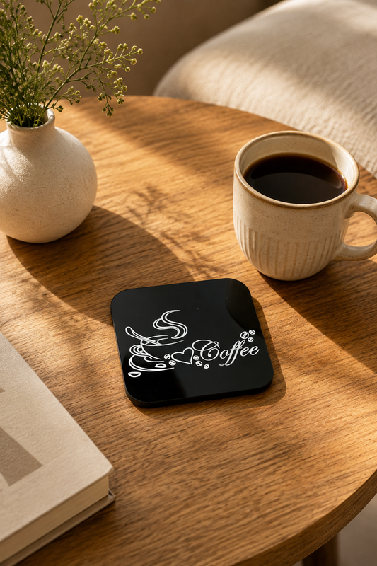 Coffee Yazılı Kalpli Fincan Bardak Altlığı