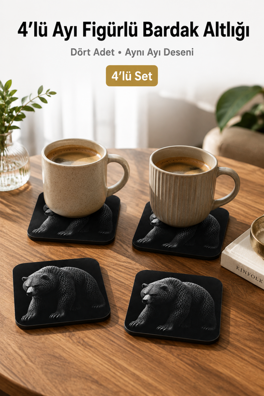 Ayı Figürlü Bardak Altlığı - 4'lü Set