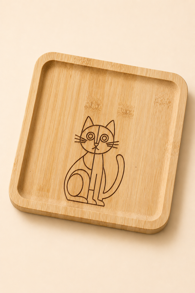 Minimal Kedi Desenli Kare Bambu Meyve ve Sunum Tabağı
