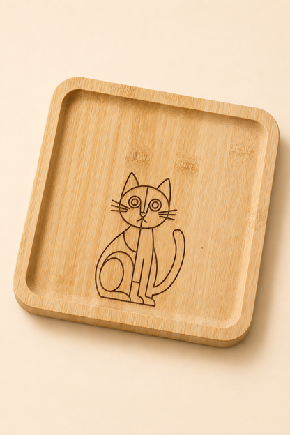 Minimal Kedi Desenli Kare Bambu Meyve ve Sunum Tabağı