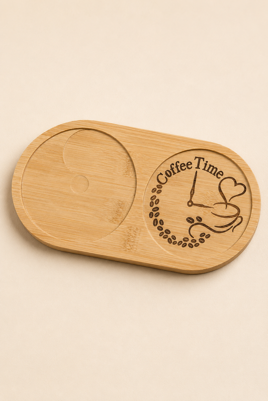 Coffee Time Bambu Kahve Sunumluğu – Lazer İşlemeli Çift Bölmeli Kahve Tabağı