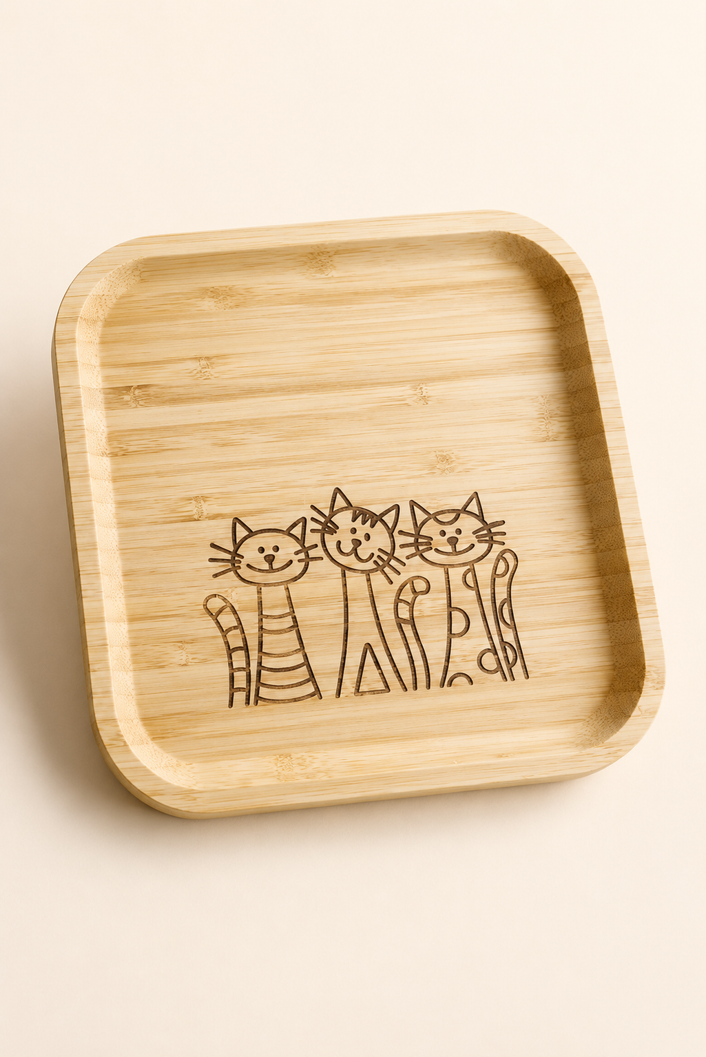 Signature Üç Kedi Desenli Kare Bambu Meyve ve Sunum Tabağı