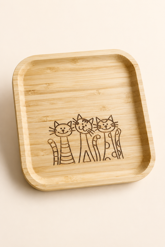 Signature Üç Kedi Desenli Kare Bambu Meyve ve Sunum Tabağı