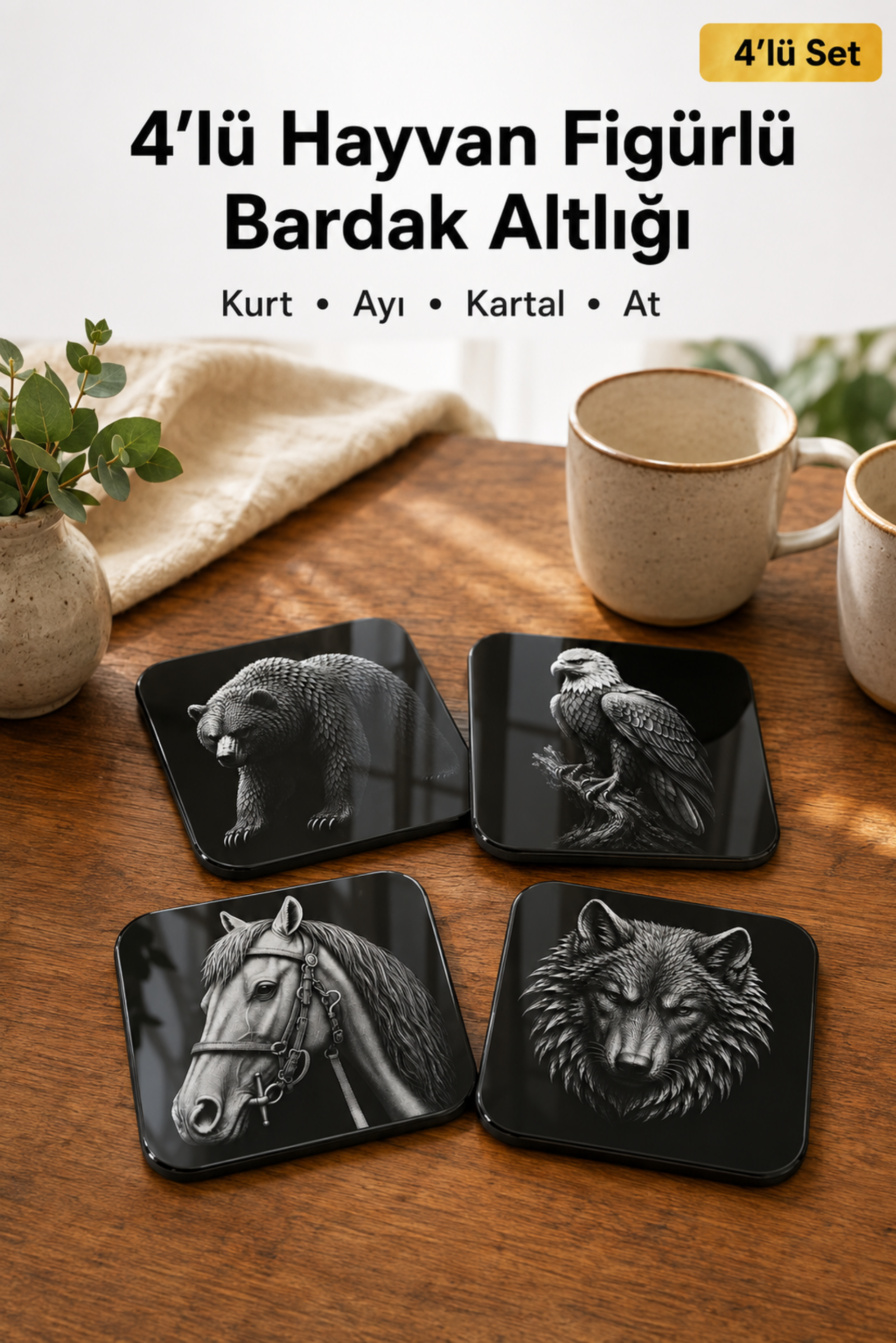 Hayvan Figürlü Bardak Altlığı Seti - 4 Adet