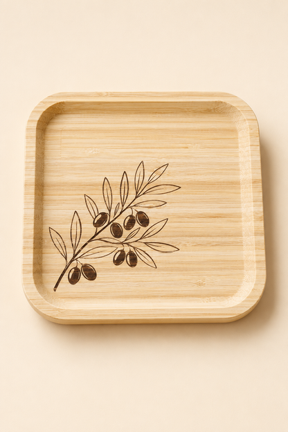 Signature Zeytin Dalı Desenli Kare Bambu Meyve ve Sunum Tabağı