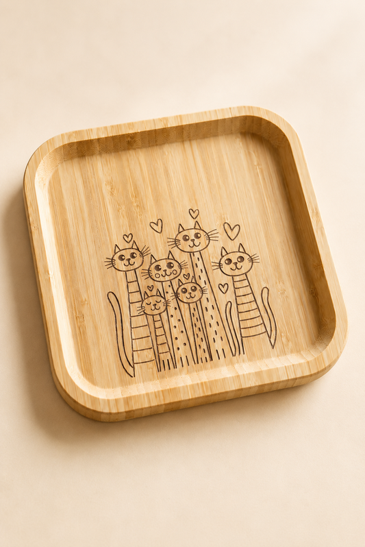 Signature Altı Kedi Desenli Kare Bambu Meyve ve Sunum Tabağı
