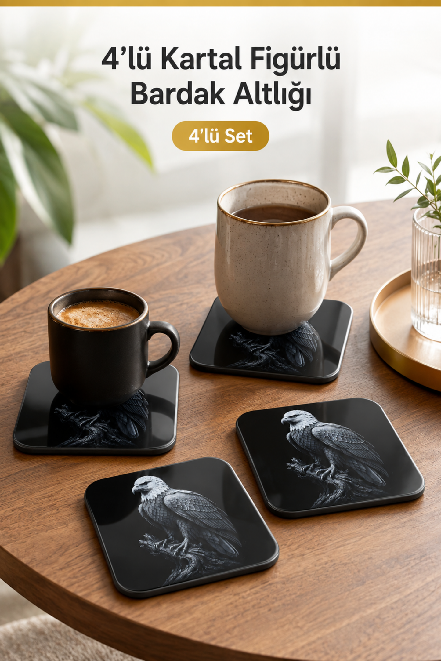 Kartal Figürlü Bardak Altlığı - 4'lü Set