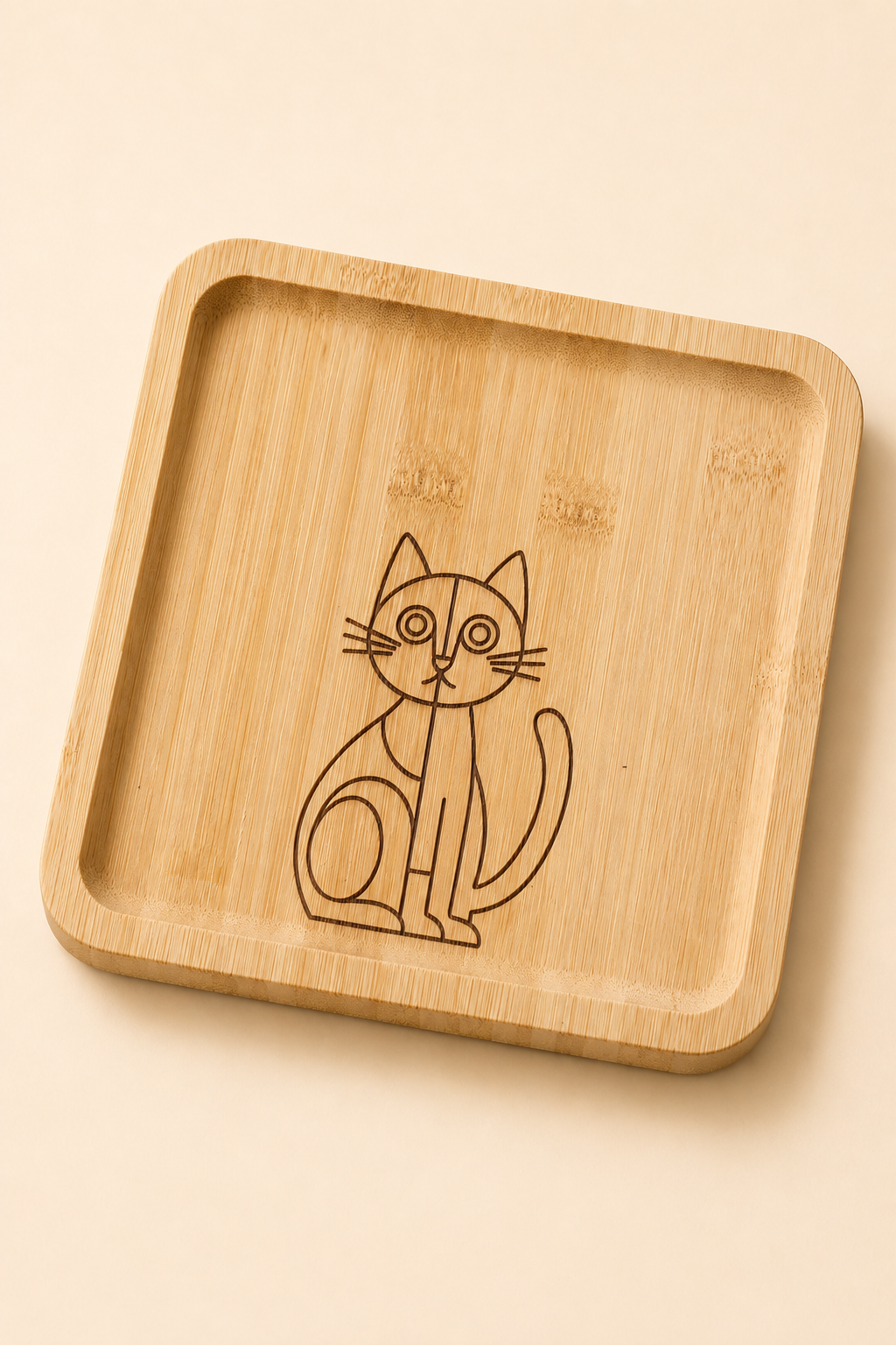 Classic Minimal Kedi Desenli Kare Bambu Meyve ve Sunum Tabağı - 20x20