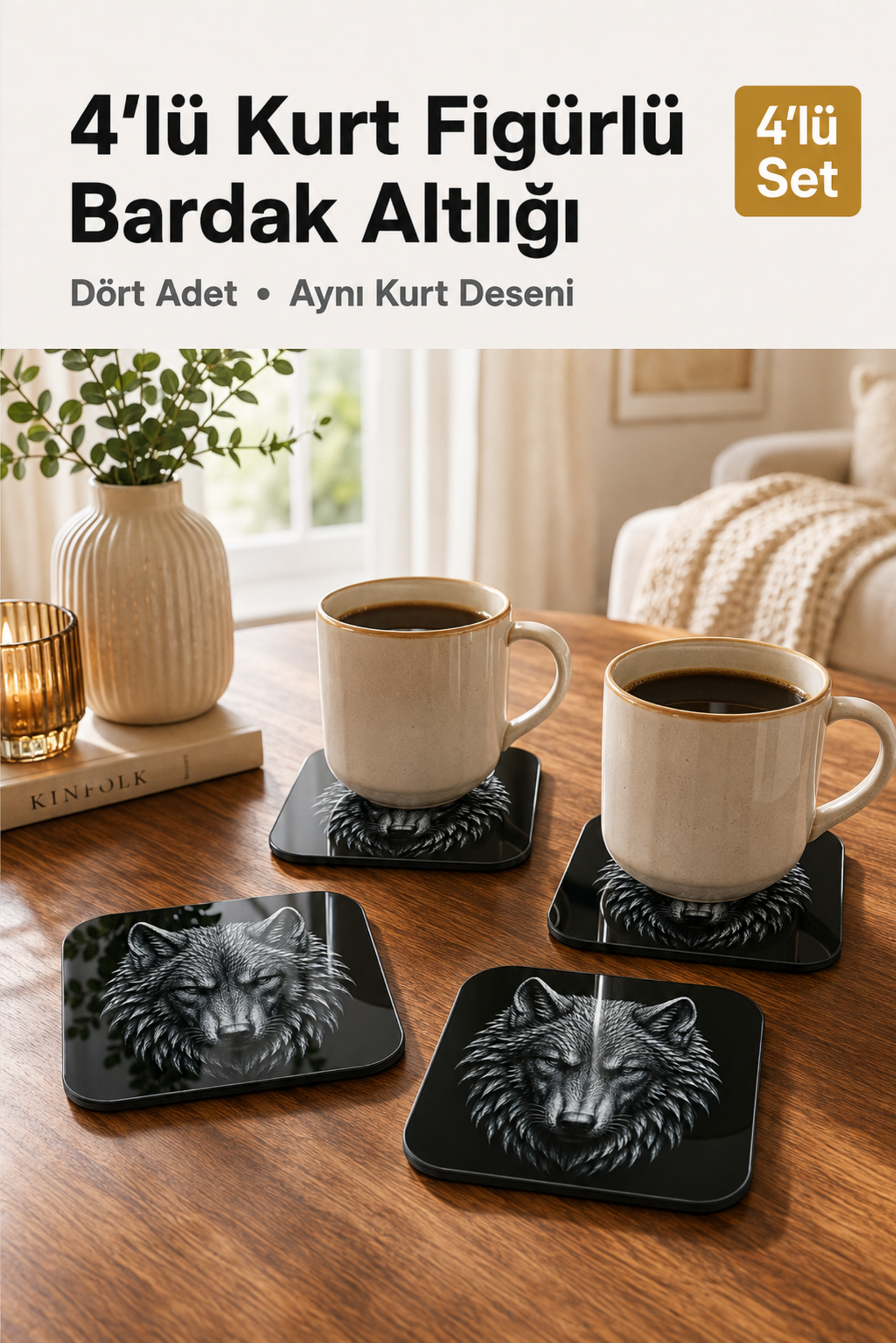 Kurt Figürlü Bardak Altlığı - 4'lü Set