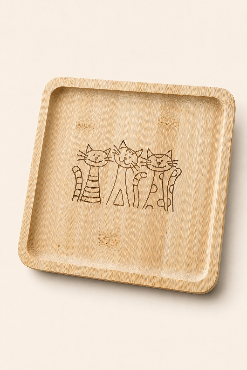 Classic Üç Kedili Kare Bambu Meyve ve Sunum Tabağı - 20x20