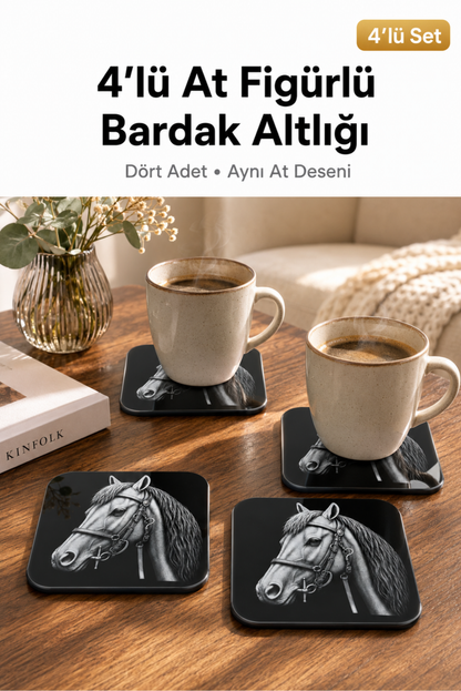 At Figürlü Bardak Altlığı - 4'lü Set