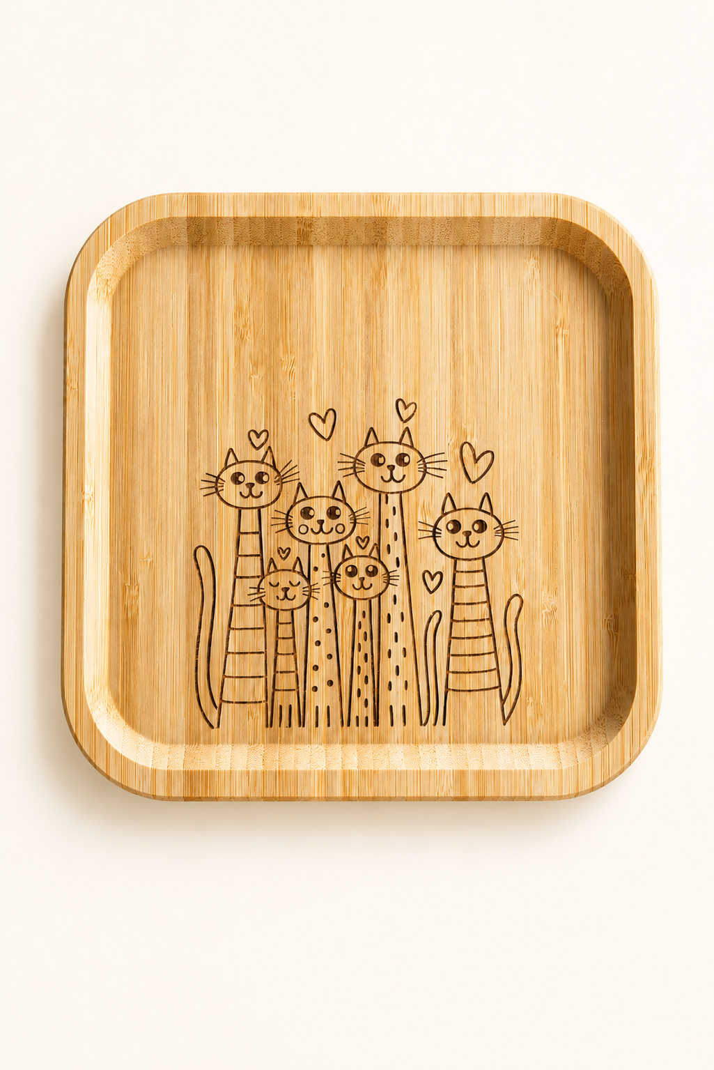 Signature Altı Kedi Desenli Kare Bambu Meyve ve Sunum Tabağı