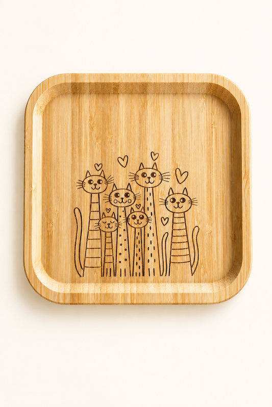 Signature Altı Kedi Desenli Kare Bambu Meyve ve Sunum Tabağı