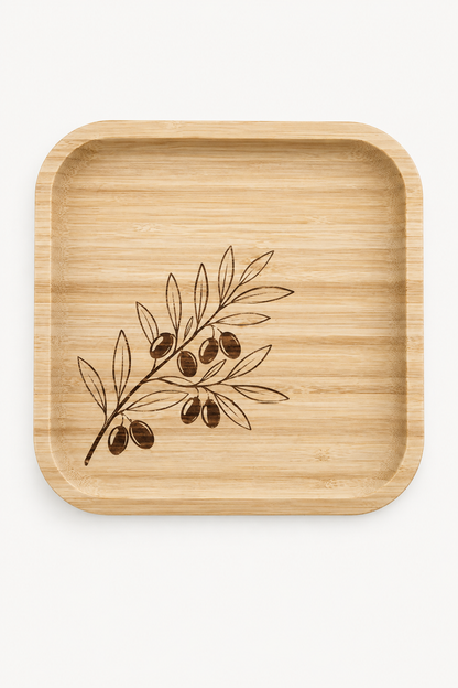 Signature Zeytin Dalı Desenli Kare Bambu Meyve ve Sunum Tabağı