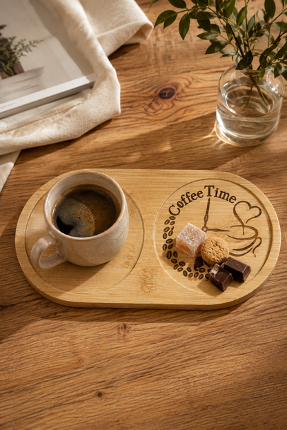 Coffee Time Bambu Kahve Sunumluğu – Lazer İşlemeli Çift Bölmeli Kahve Tabağı
