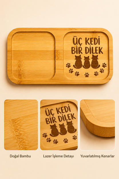 "Üç Kedi Bir Dilek" Yazılı Bambu Kahve Sunumluğu – Lazer İşlemeli Çift Bölmeli Sunum Tabağı