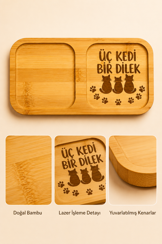 "Üç Kedi Bir Dilek" Yazılı Bambu Kahve Sunumluğu – Lazer İşlemeli Çift Bölmeli Sunum Tabağı