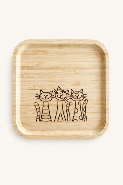 Signature Üç Kedi Desenli Kare Bambu Meyve ve Sunum Tabağı - 20x20
