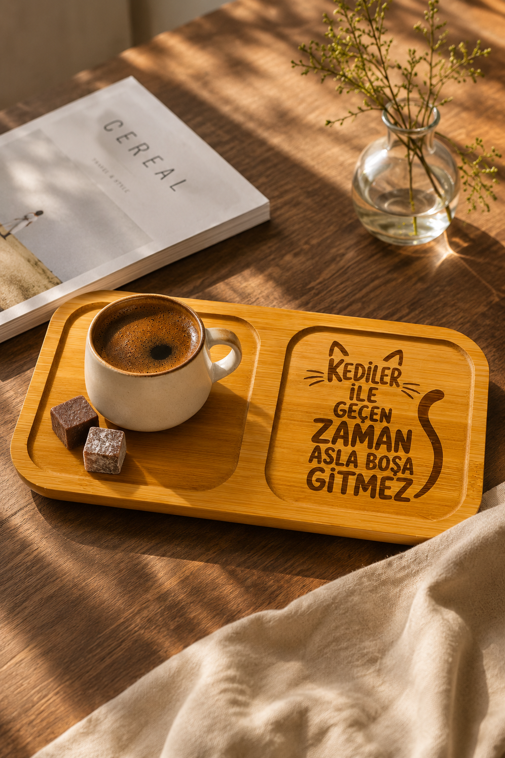 "Kediler ile Geçen Zaman Asla Boşa Gitmez" Yazılı Bambu Kahve Sunumluğu – Lazer İşlemeli Çift Bölmeli Sunum Tabağı