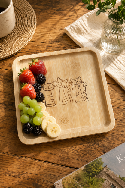 Classic Üç Kedili Kare Bambu Meyve ve Sunum Tabağı - 20x20