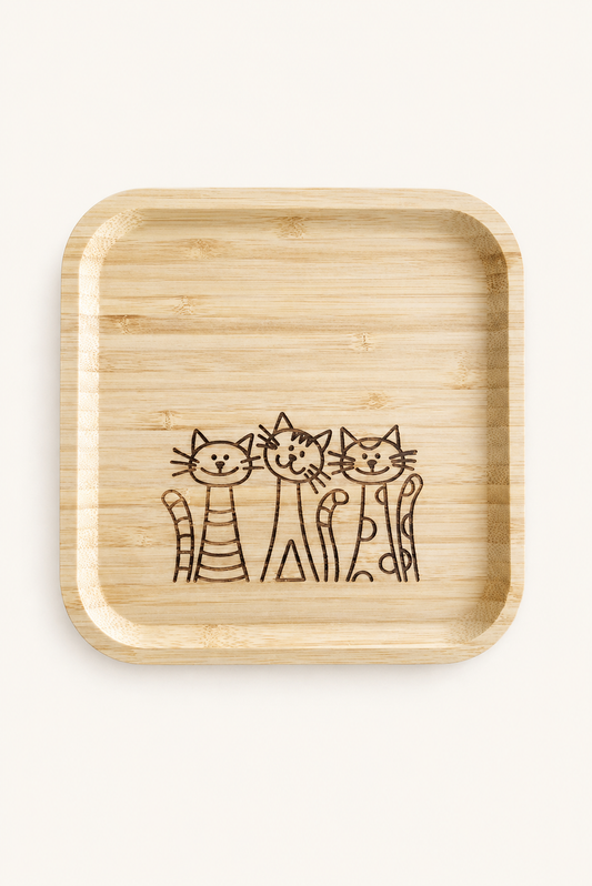 Signature Üç Kedi Desenli Kare Bambu Meyve ve Sunum Tabağı