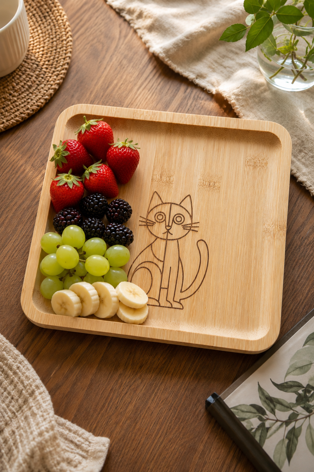 Minimal Kedi Desenli Kare Bambu Meyve ve Sunum Tabağı