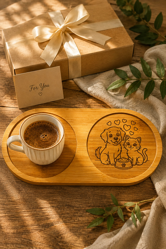 Kalpli Kedi ve Köpek Figürlü Bambu Kahve Sunumluğu – Lazer İşlemeli Çift Bölmeli Sunum Tabağı (Oval)