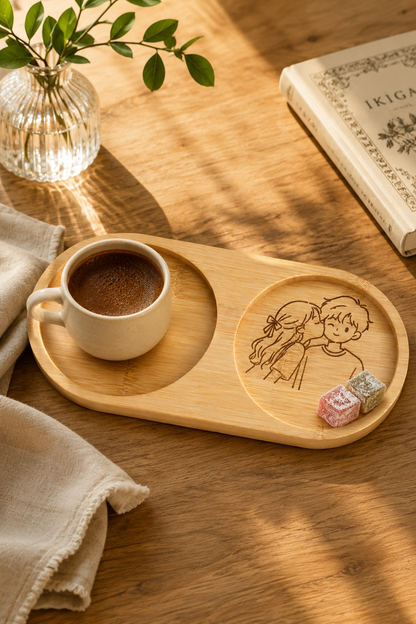 Line Art Sevgili Çizimli Bambu Kahve Sunumluğu