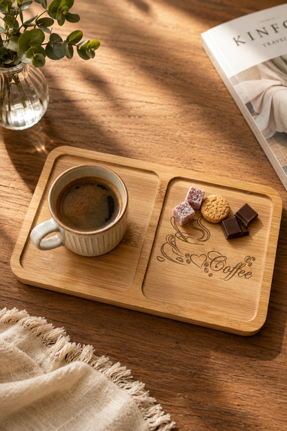 Love Coffee Bambu Kahve Sunumluğu – Kalp ve Kahve Temalı Lazer İşlemeli Sunum Tabağı