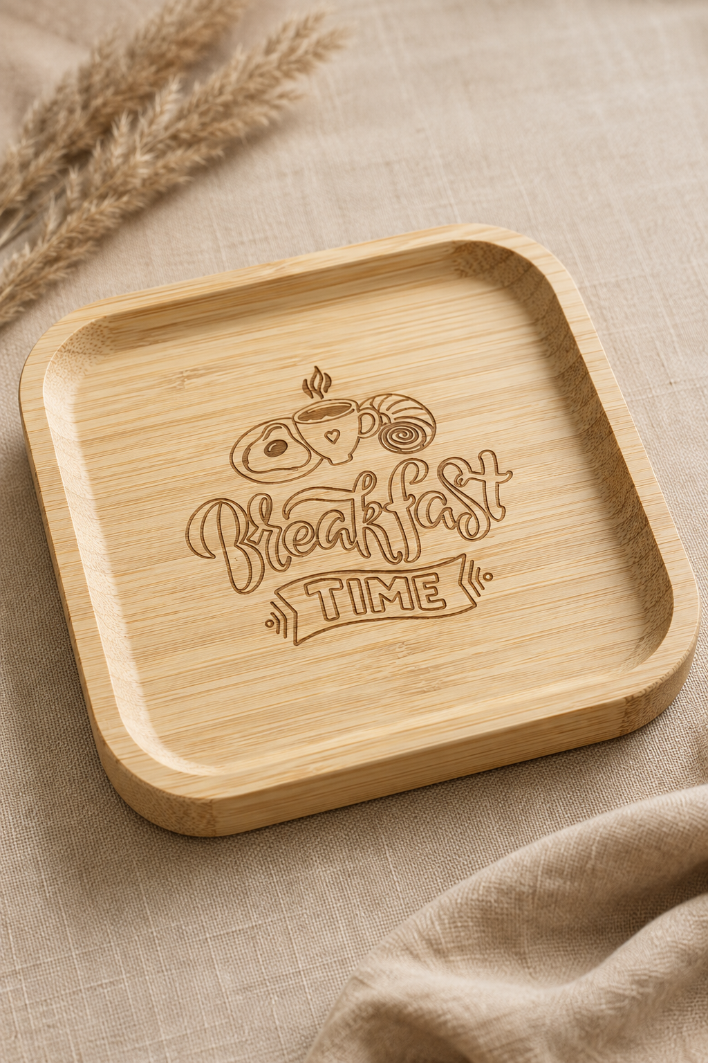 Signature Breakfast Time Desenli Kare Bambu Meyve ve Sunum Tabağı
