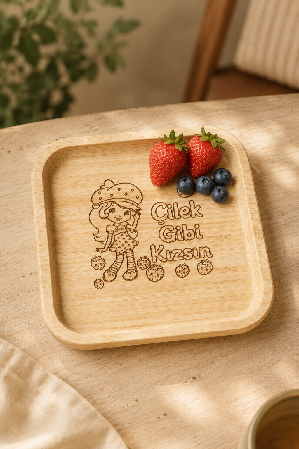 Signature Çilek Gibi Kızsın Desenli Kare Bambu Meyve ve Sunum Tabağı
