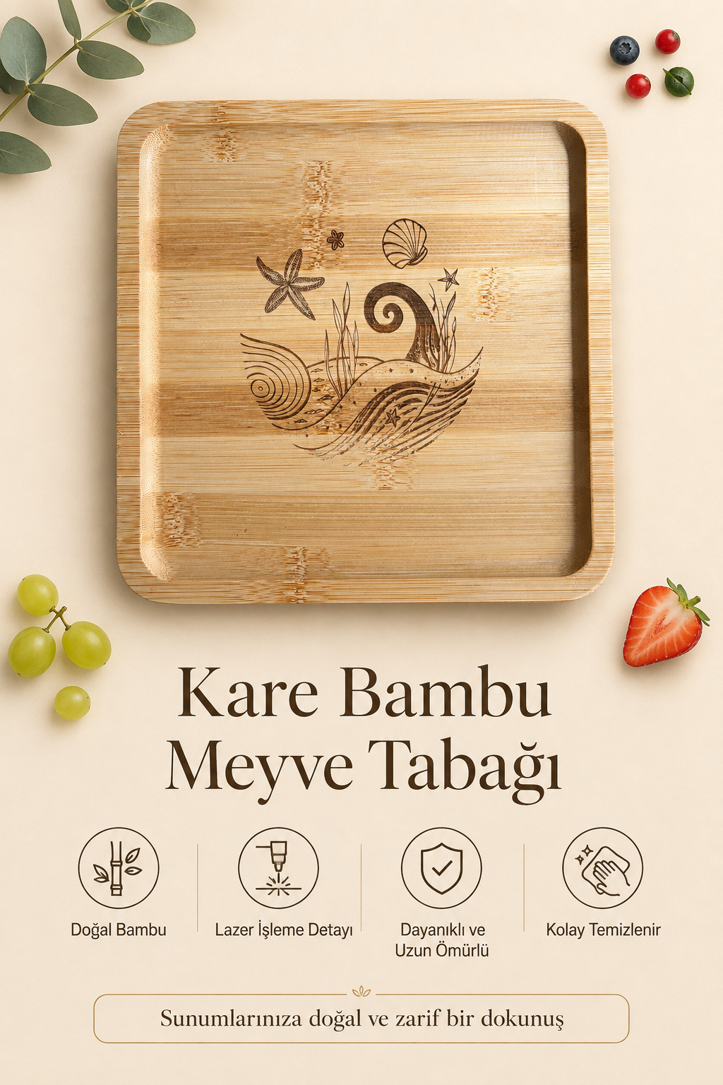 Deniz Esintisi Kare Bambu Meyve ve Sunum Tabağı