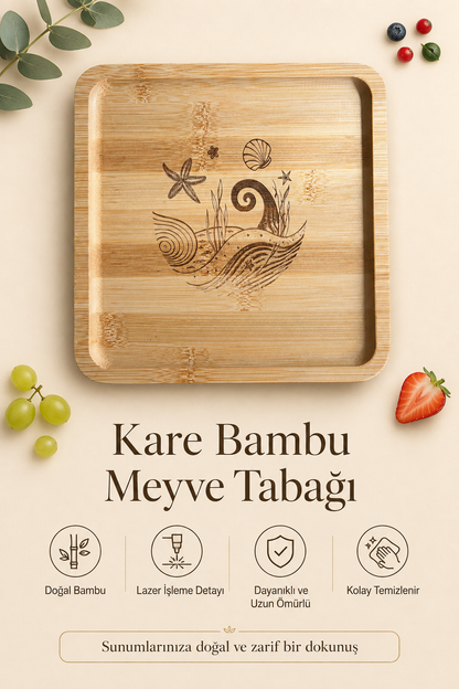Deniz Esintisi Kare Bambu Meyve ve Sunum Tabağı