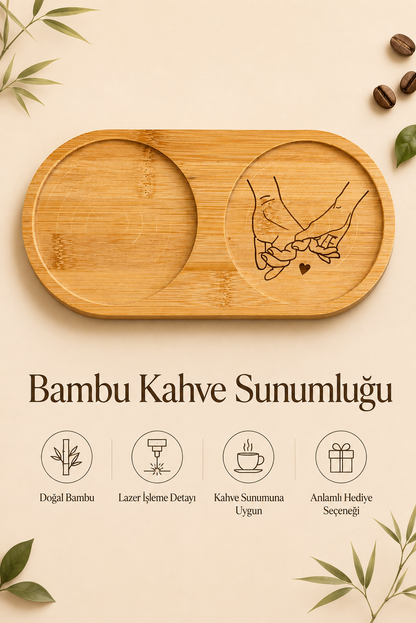 Baş Harfli El Ele Kişiye Özel Bambu Kahve Sunumluğu (Oval)