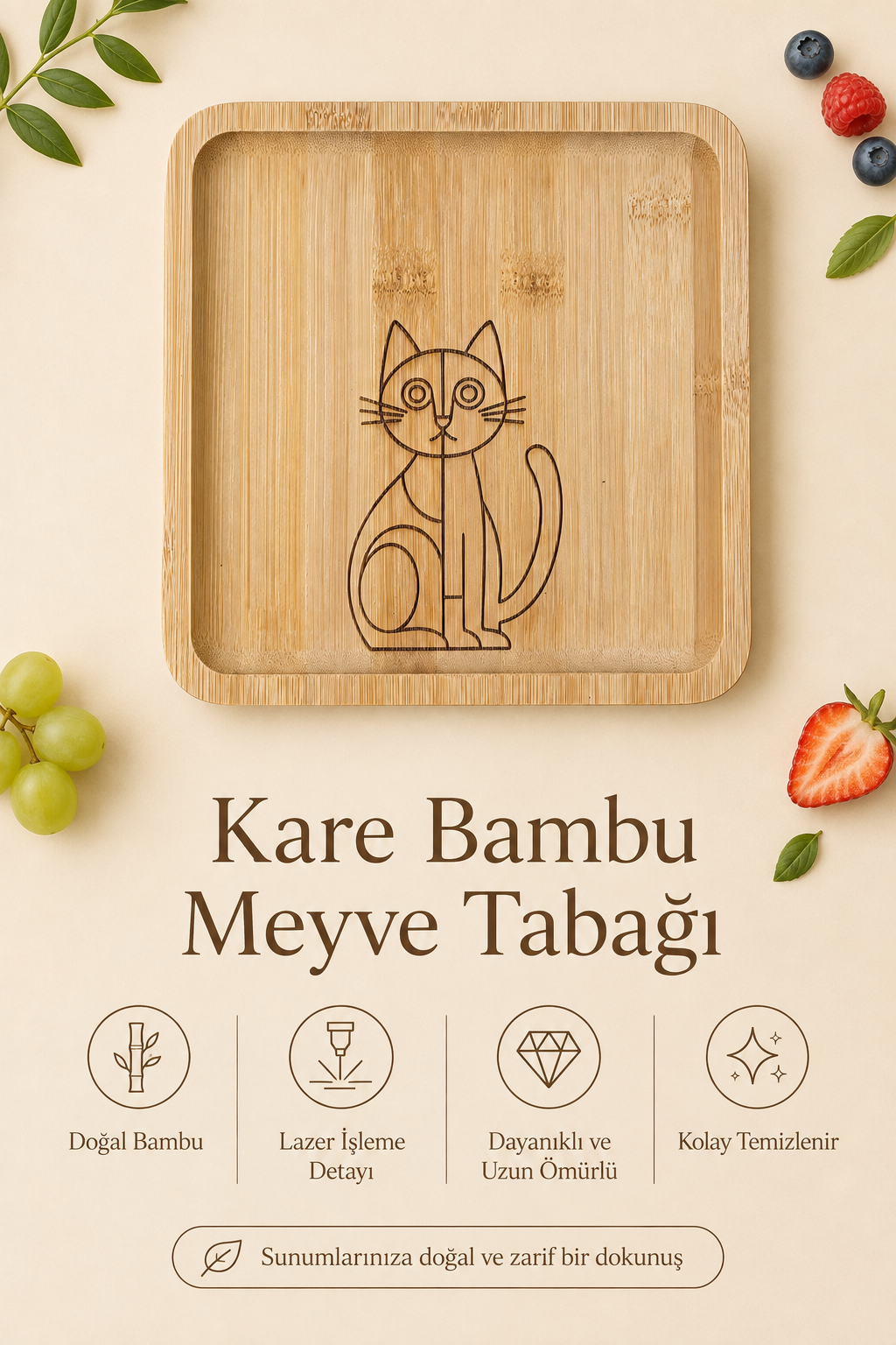 Minimal Kedi Desenli Kare Bambu Meyve ve Sunum Tabağı