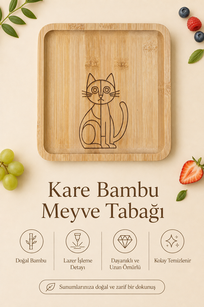 Minimal Kedi Desenli Kare Bambu Meyve ve Sunum Tabağı
