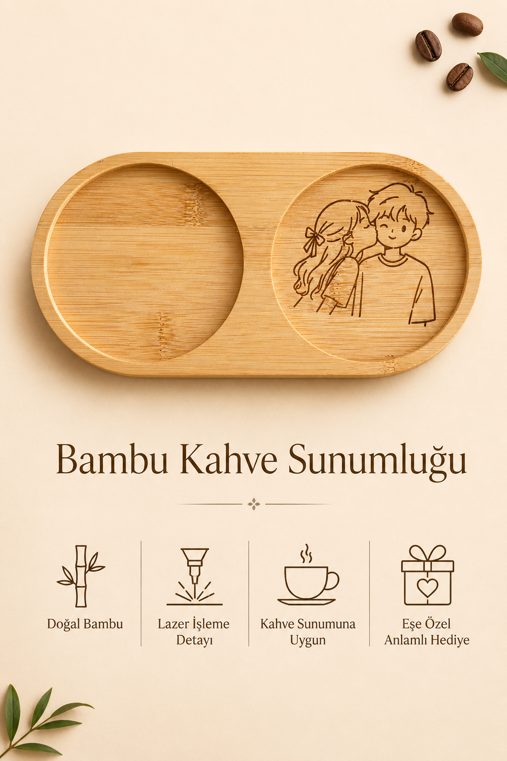 Line Art Sevgili Çizimli Bambu Kahve Sunum Tabağı - Oval