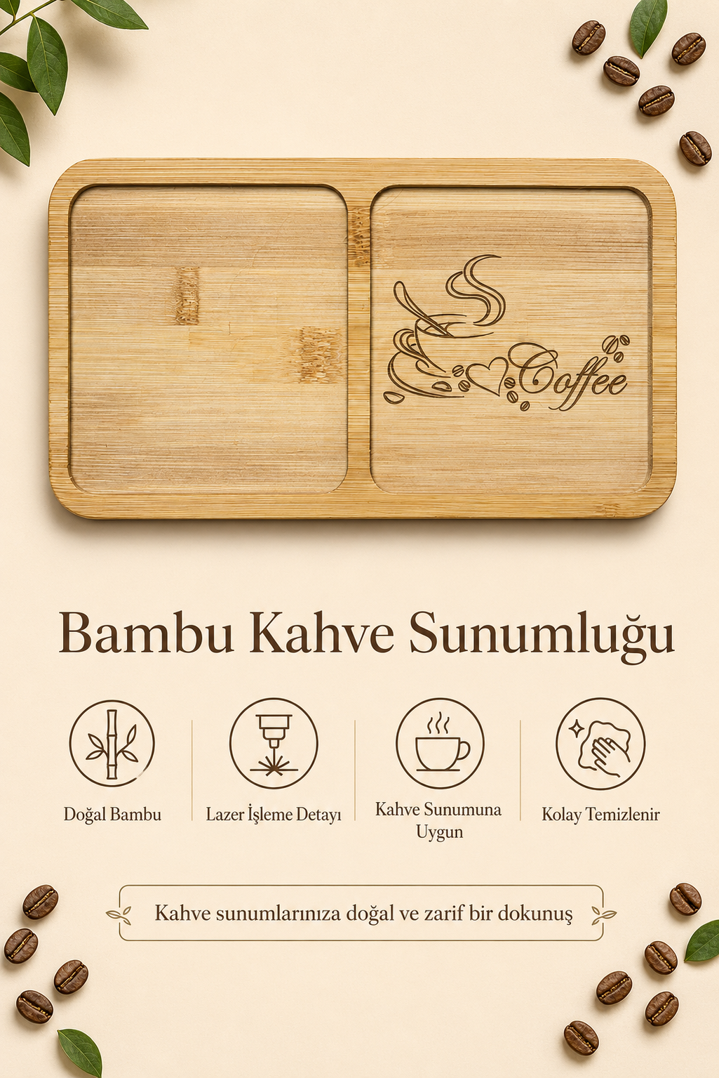 Love Coffee Bambu Kahve Sunumluğu – Kalp ve Kahve Temalı Lazer İşlemeli Sunum Tabağı