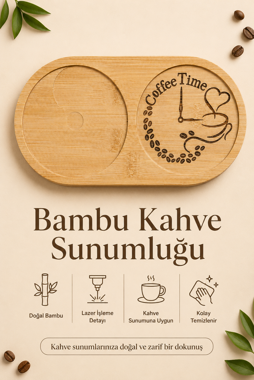 Coffee Time Bambu Kahve Sunumluğu – Lazer İşlemeli Çift Bölmeli Kahve Tabağı