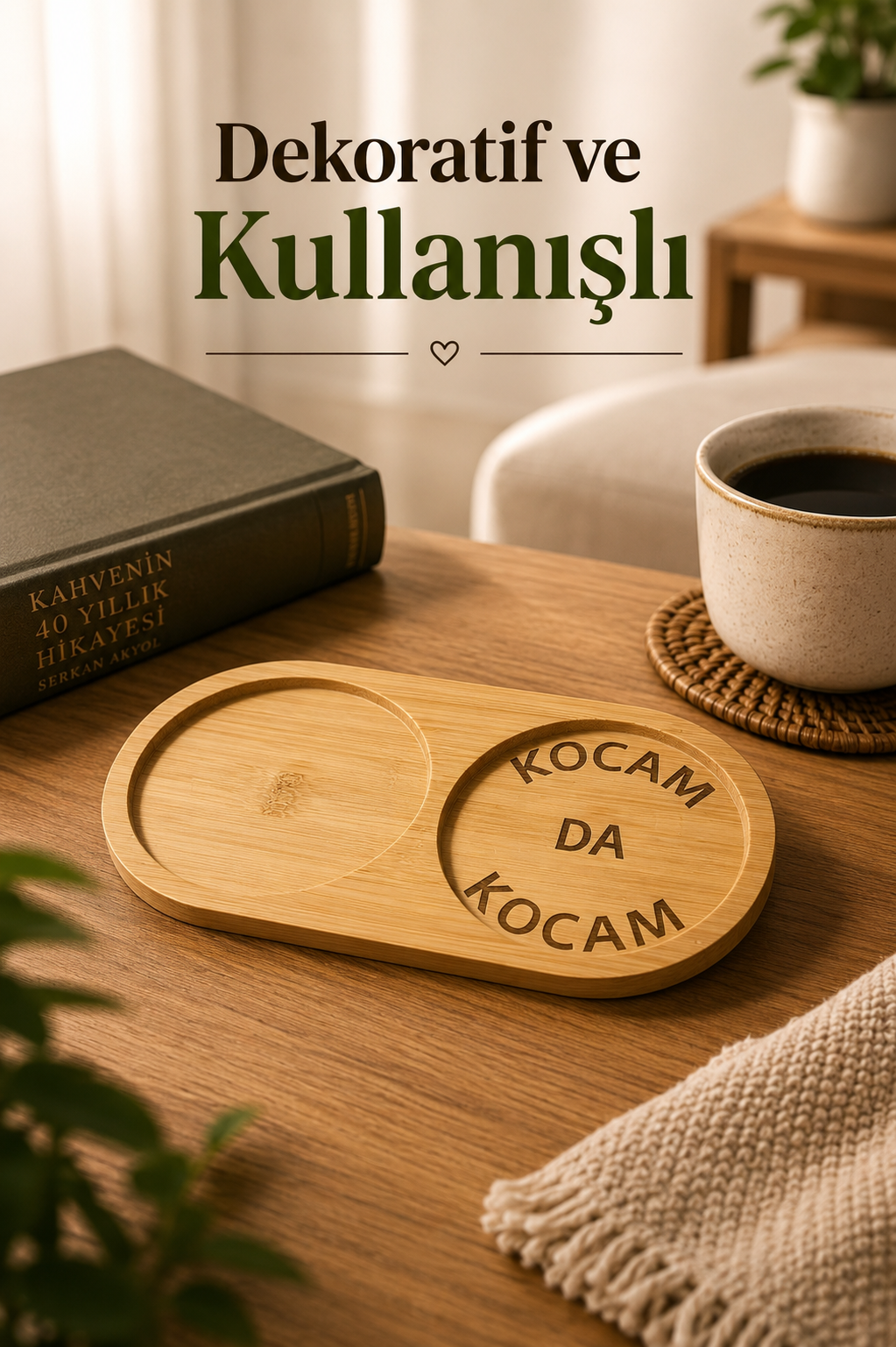 "Kocam Da Kocam" Yazılı Bambu Kahve Sunumluğu