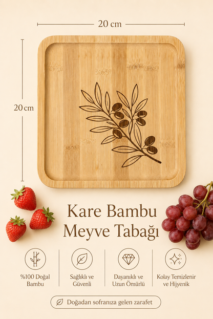 Zeytin Dalı Desenli Kare Bambu Meyve ve Sunum Tabağı