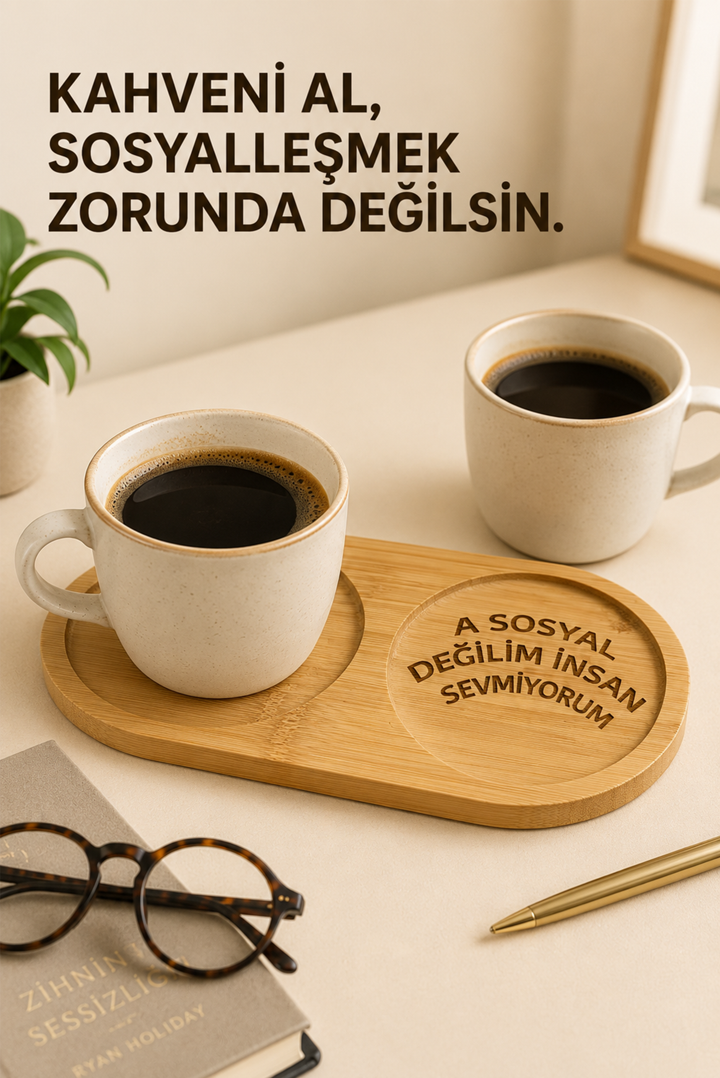 "A Sosyal Değilim İnsan Sevmiyorum" Yazılı Bambu Kahve Sunumluğu