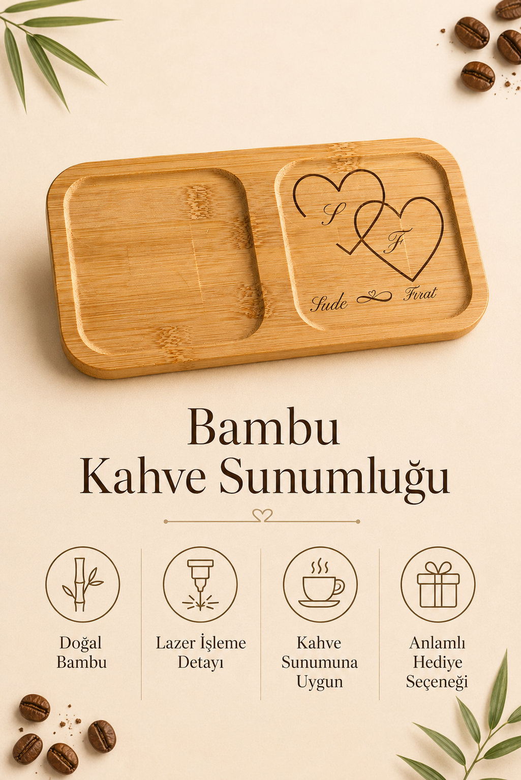 İsimli İç İçe Kalpler Kişiye Özel Bambu Kahve Sunumluğu (Dikdörtgen)