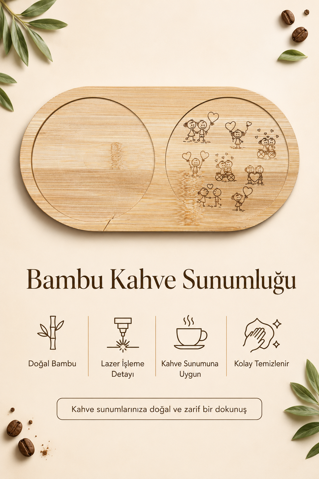 9'lu Mutlu Çizim Bambu Kahve Sunumluğu – Lazer İşlemeli Çift Bölmeli Sunum Tabağı